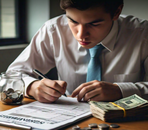 a man writing on a paper with money