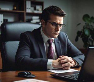 a man in a suit and tie sitting at a desk looking at a laptop